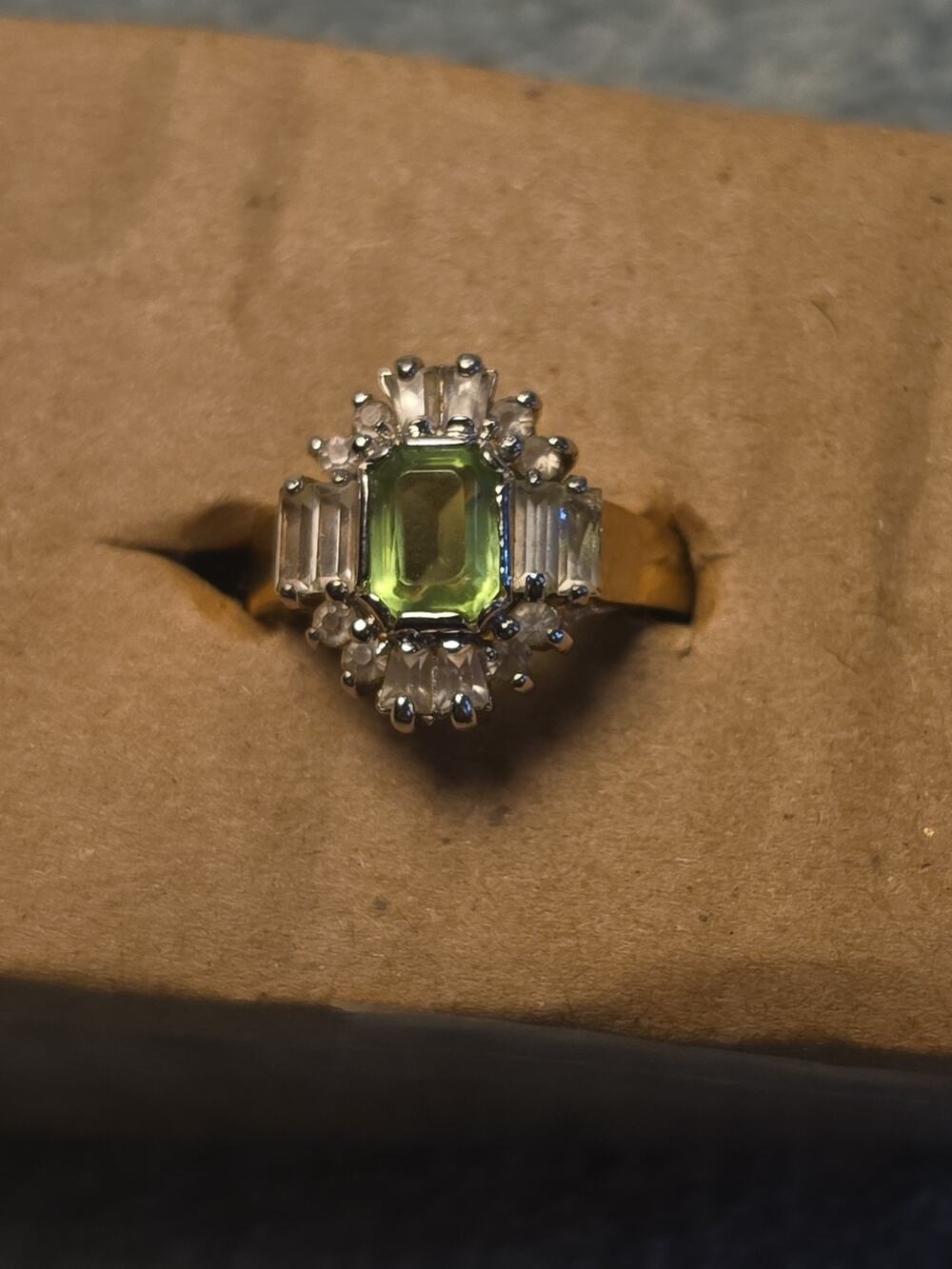 Green Peridot Cocktail Ring Gold Plate Emerald Cut Cushion Cluster Art Deco